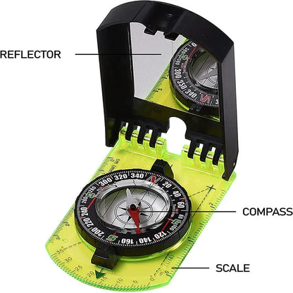 Multifunctional outdoor compass with scale, map ruler, mirror, and durable yellow casing for reliable navigation in the wilderness