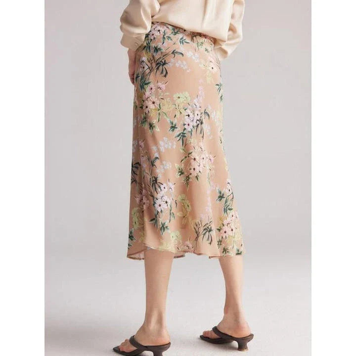Elegant chiffon floral a-line skirt in coffee colour, perfect for the modern British woman's wardrobe