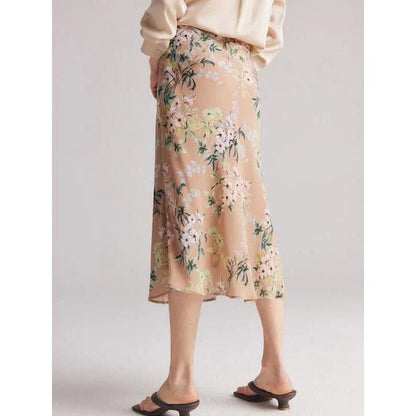 Elegant chiffon floral a-line skirt in coffee colour, perfect for the modern British woman's wardrobe