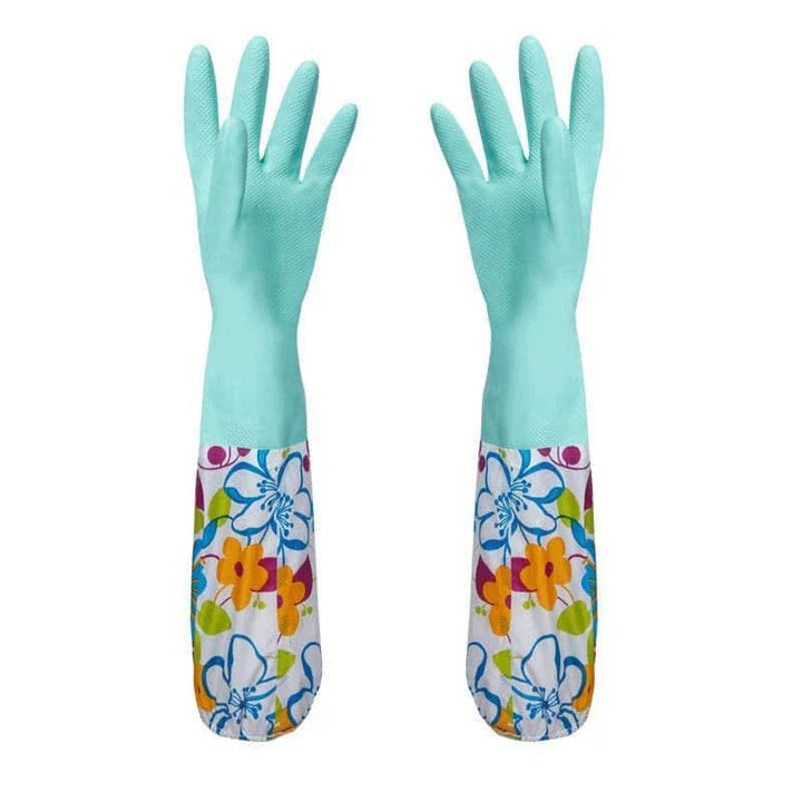 Elegant floral print rubber kitchen gloves with long 49.5 cm length for superior arm coverage and protection