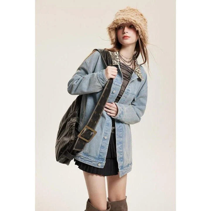 Stylish leopard-print denim jacket with a patchwork design, perfect for versatile fashion.