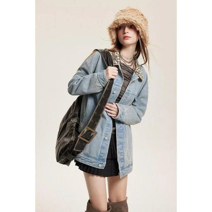 Stylish leopard-print denim jacket with a patchwork design, perfect for versatile fashion.