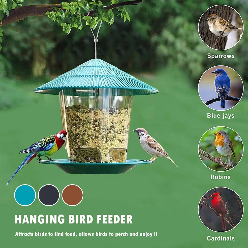 Garden Haven Hanging Wild Bird Feeder with unique terrace design, large seed capacity, and transparent body for easy monitoring