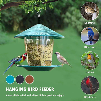 Garden Haven Hanging Wild Bird Feeder with unique terrace design, large seed capacity, and transparent body for easy monitoring