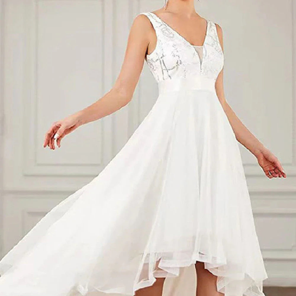 Elegant sequin gauze bridesmaid prom dress in a variety of sophisticated colours, featuring a flattering mid-length silhouette and sleeveless design with shoulder straps