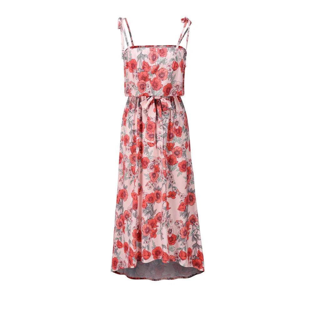 Printed camisole dress with a flattering mid-length swing skirt and a high-waisted design for a stylish, figure-enhancing look.