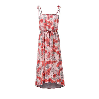 Printed camisole dress with a flattering mid-length swing skirt and a high-waisted design for a stylish, figure-enhancing look.