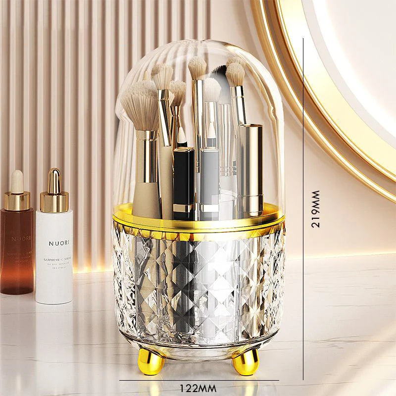 360-degree rotating makeup brush holder and organiser in transparent and green colours