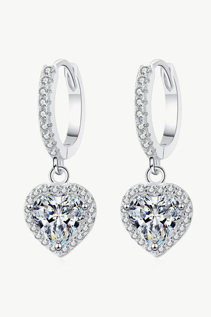 A pair of elegant moissanite heart-shaped drop earrings with a brilliant 2-carat display, crafted in 925 sterling silver with rhodium plating and zircon accents.