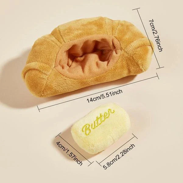 Cute food-themed squeaky dog toy made of soft fleece material, designed to clean teeth and provide interactive play for puppies and small dogs