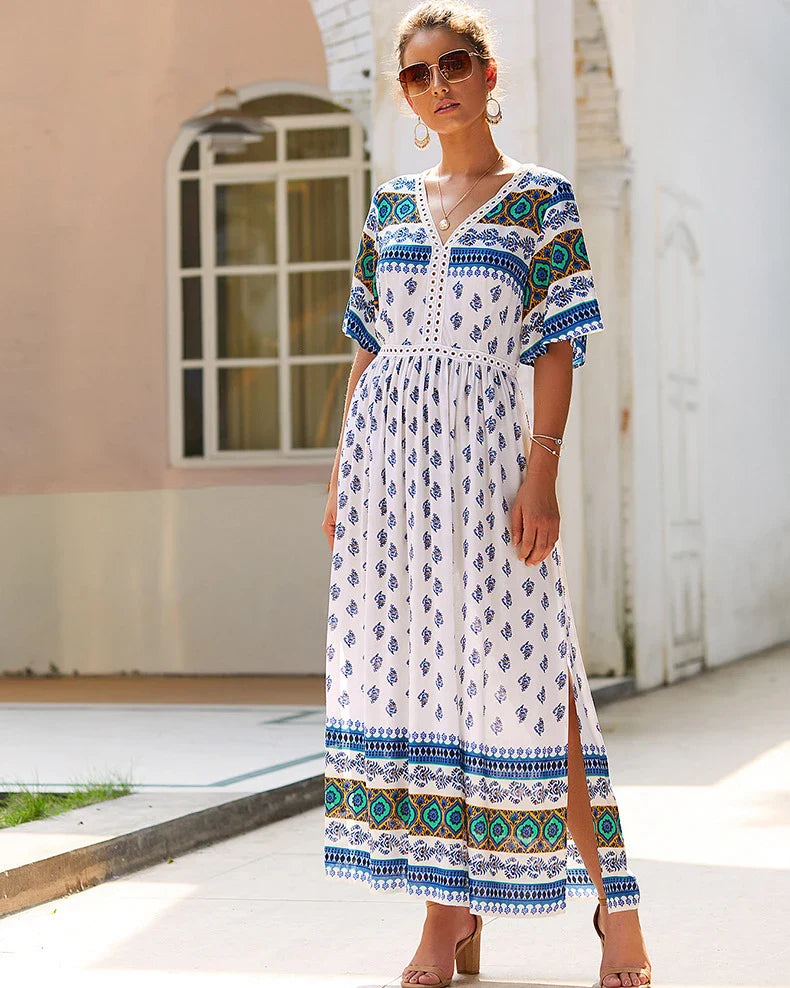 Elegant Bohemian-inspired autumn dress in vibrant yellow, made from premium cotton for a soft and comfortable feel.