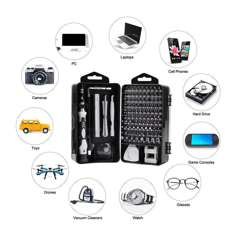 A comprehensive 115-in-1 precision screwdriver set with chrome-vanadium steel bits for repairing electronics, household items, and DIY projects