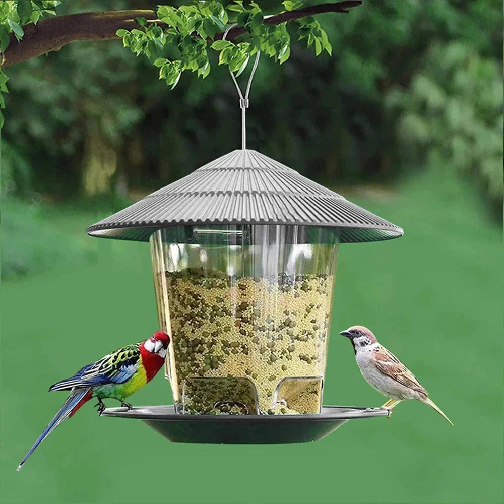 Garden Haven Hanging Wild Bird Feeder with unique terrace design, large seed capacity, and transparent body for easy monitoring