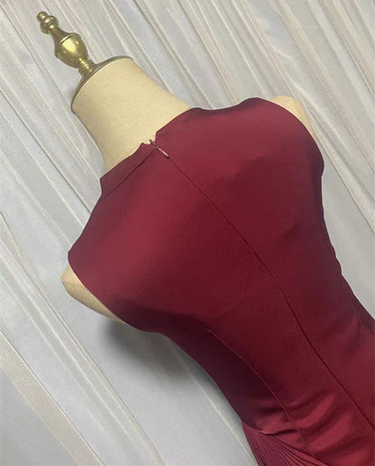 Elegant asymmetric dress in wine red and milky white with a half turtleneck design, perfect for autumn and winter wear.