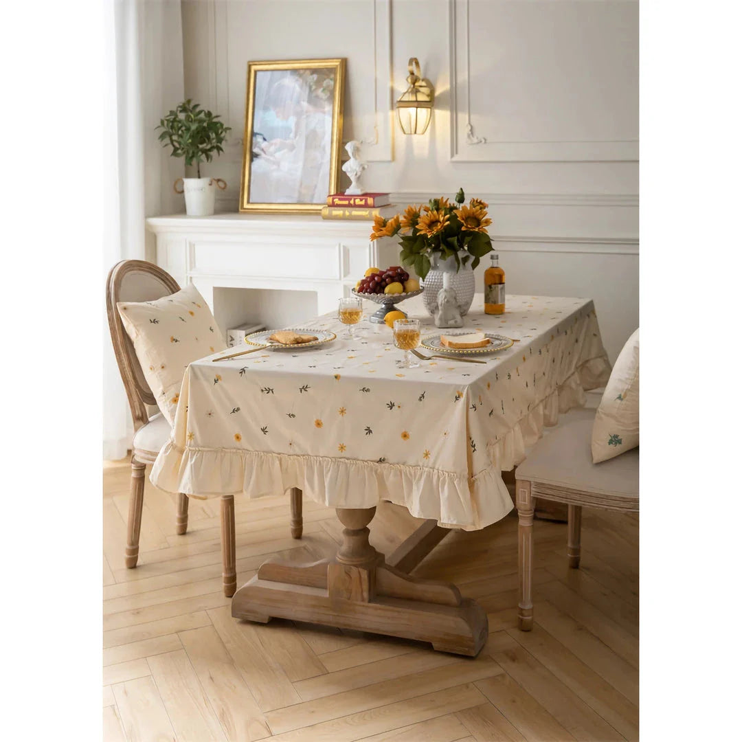 Elegant British Cotton Tablecloth with Intricate Apricot Embroidery and Lotus Leaf Edge