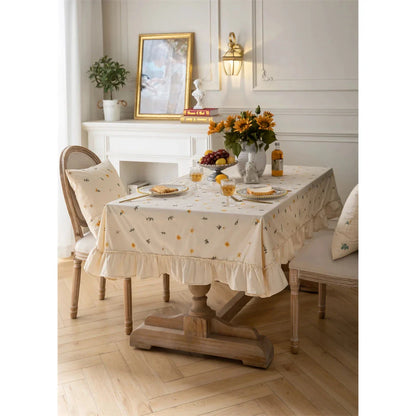 Elegant British Cotton Tablecloth with Intricate Apricot Embroidery and Lotus Leaf Edge