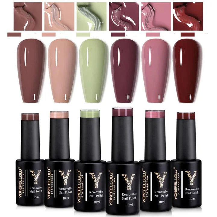 A set of six nude-coloured gel nail polishes in an autumn-inspired collection for long-lasting, salon-quality manicures