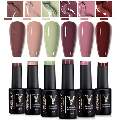 A set of six nude-coloured gel nail polishes in an autumn-inspired collection for long-lasting, salon-quality manicures