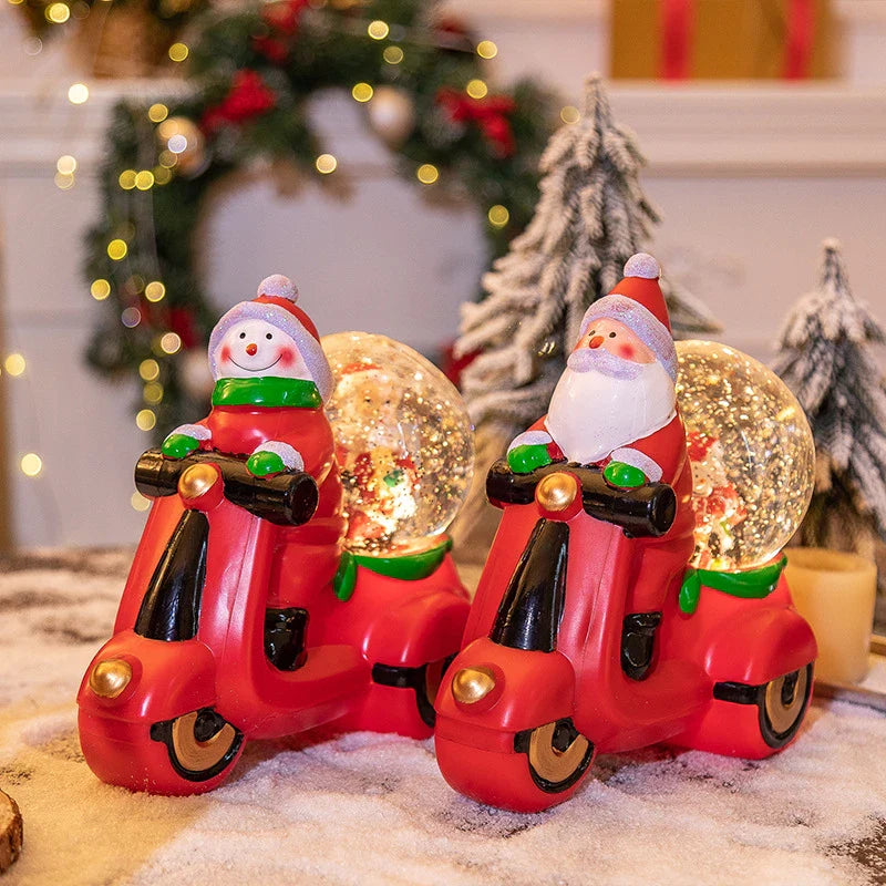 Festive music box Christmas ornaments with Santa Claus and snowman designs, creating a delightful holiday ambiance