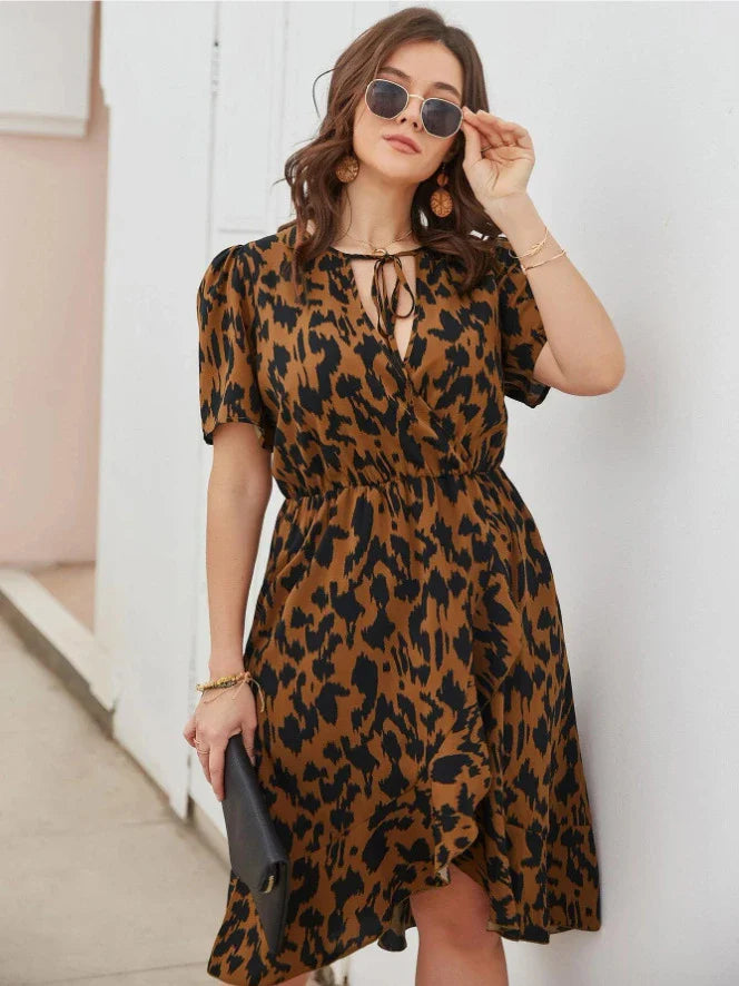 Elegant V-Neck Short Sleeve Printed Dress in Rose Red, Brown, and Black colours