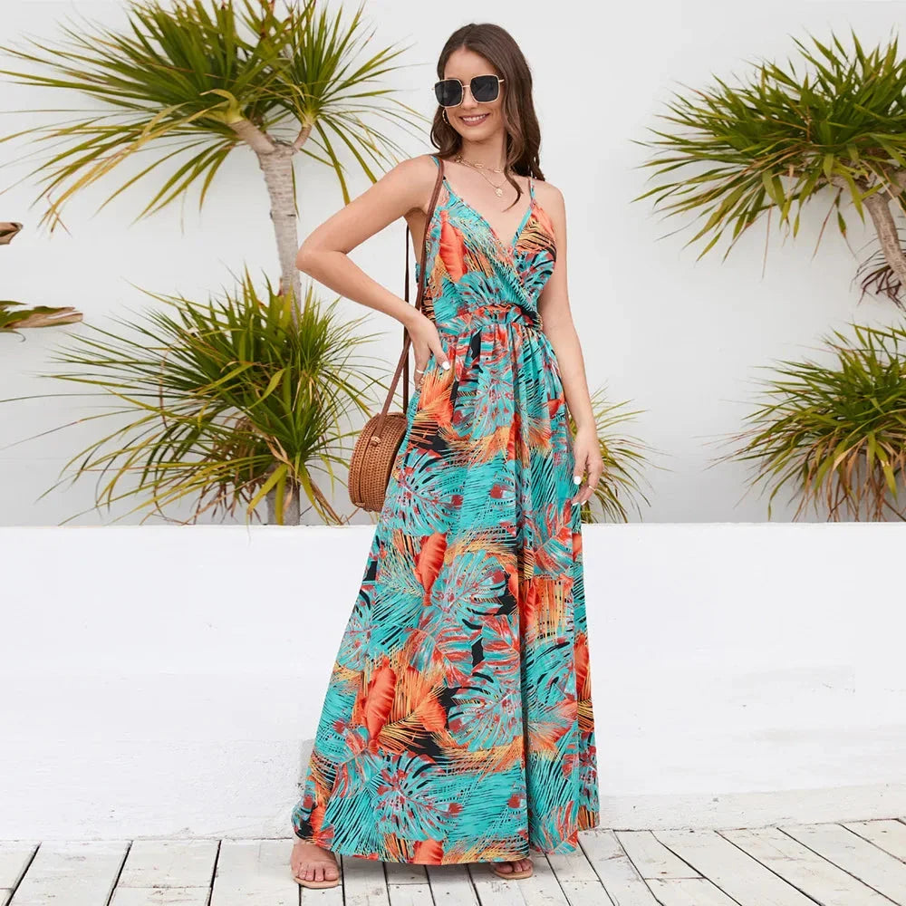 Elegant bohemian-inspired paisley print maxi dress with spaghetti straps and V-neckline