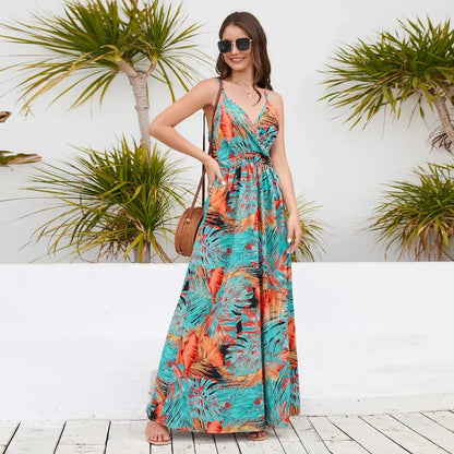 Elegant bohemian-inspired paisley print maxi dress with spaghetti straps and V-neckline