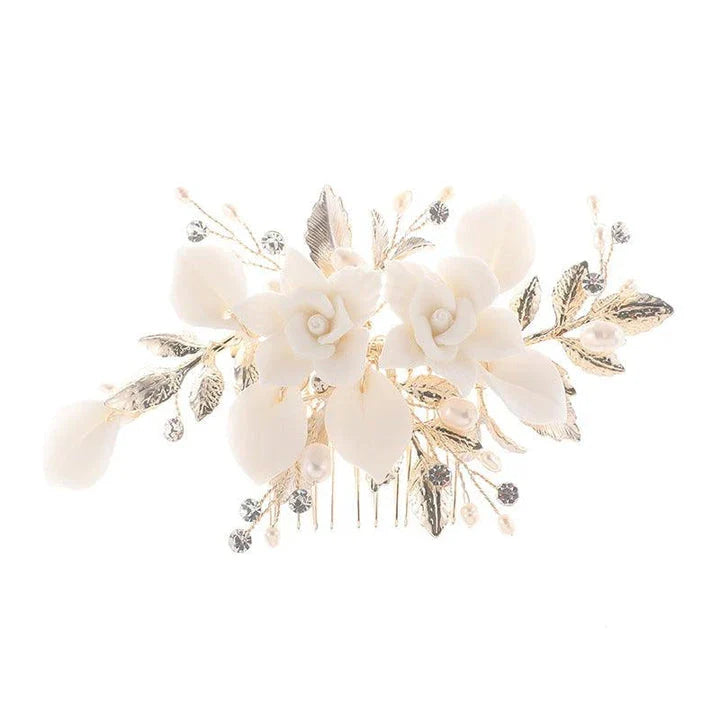 Elegant bridal hair accessories set with flower-shaped comb and gold-tone earrings