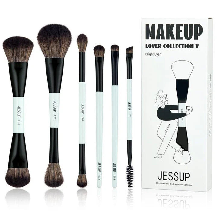 A set of 6 dual-ended makeup brushes in bright cyan and matte black, designed for seamless foundation, contour, blush, eyeshadow, and brow application.