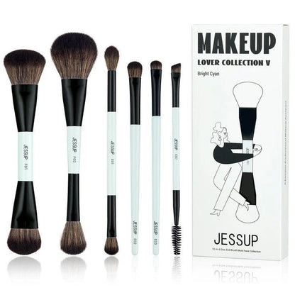 A set of 6 dual-ended makeup brushes in bright cyan and matte black, designed for seamless foundation, contour, blush, eyeshadow, and brow application.