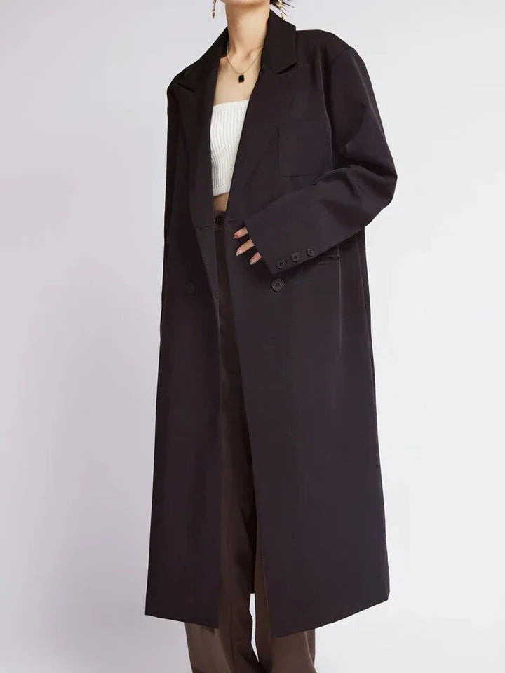 Elegant double-breasted coffee trench coat for women, featuring a wide-waisted design, turn-down collar, and full-length sleeves for a flattering and functional look.