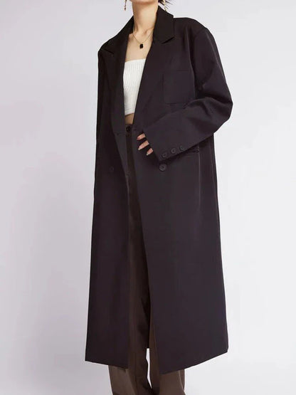 Elegant double-breasted coffee trench coat for women, featuring a wide-waisted design, turn-down collar, and full-length sleeves for a flattering and functional look.