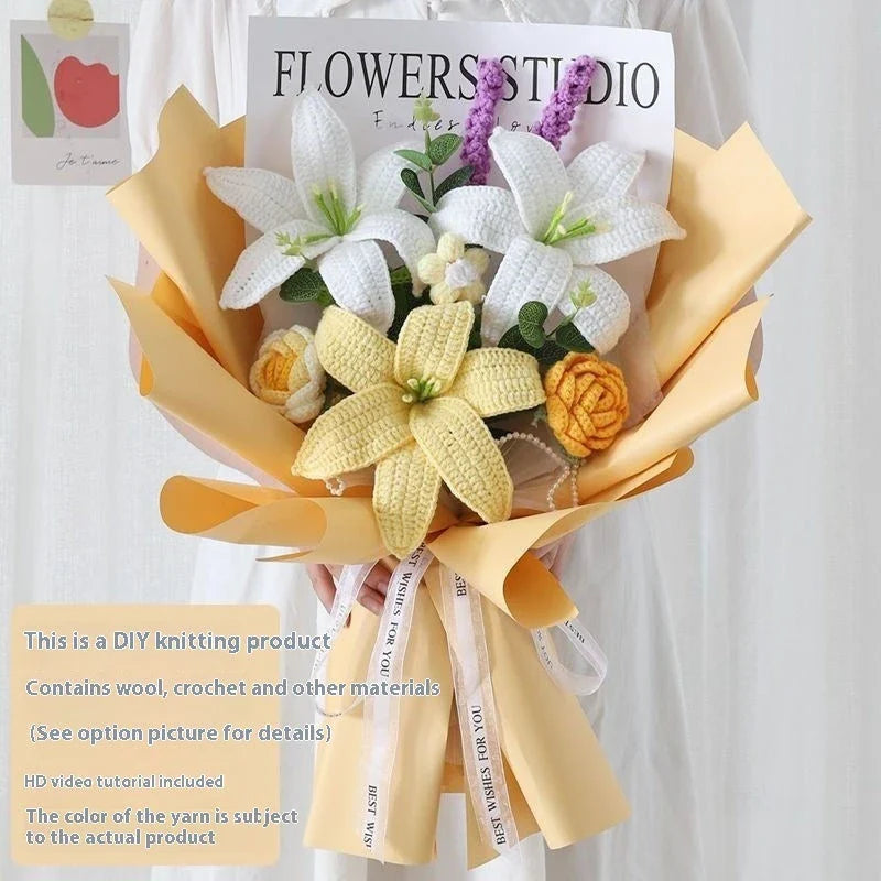 Handcrafted bridal bouquet in a delicate pink hue, featuring intricate crochet and hand-woven design