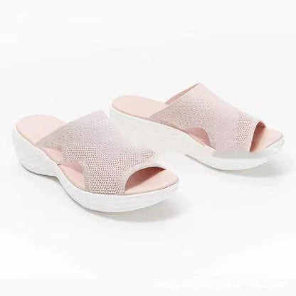 Plus size women's sporty sandals in blue, black, and pink colours featuring a chic fishmouth toe design and a comfortable, supportive sole
