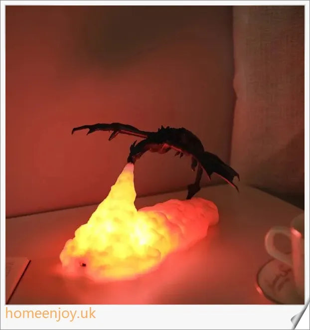 Enchanting 3D-printed fire-breathing dragon lamp with glowing LED lights, creating a magical ambiance in the home