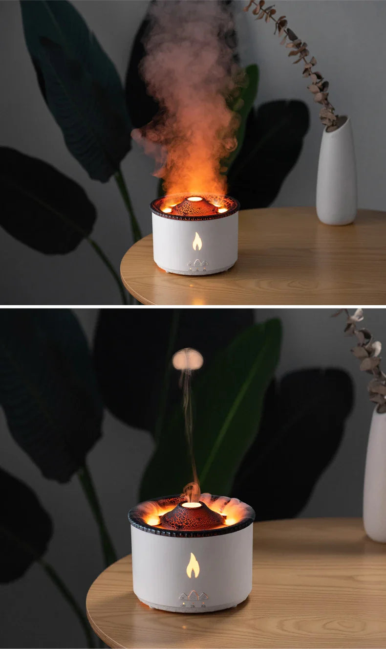 Elegant ultrasonic essential oil humidifier with flame and jellyfish-inspired lighting effects for relaxing ambiance