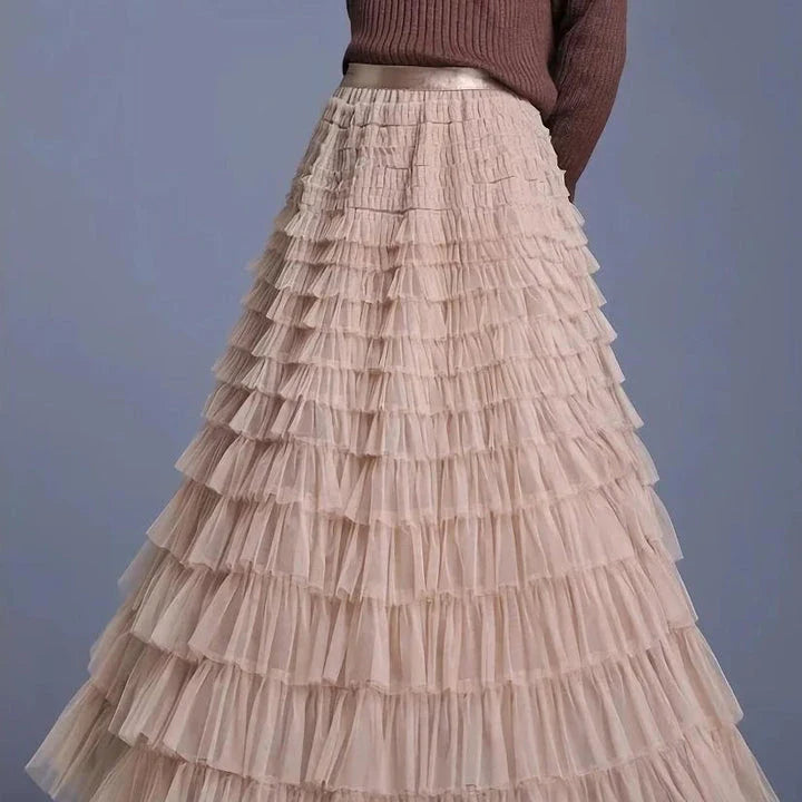 Elegant British Summer Tulle Skirt in Champagne colour, featuring a flattering A-line silhouette and charming tiered design