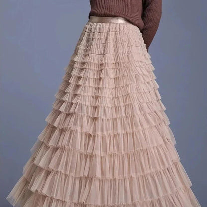 Elegant British Summer Tulle Skirt in Champagne colour, featuring a flattering A-line silhouette and charming tiered design