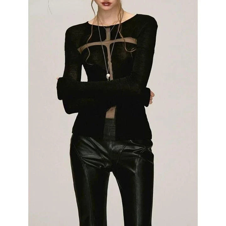 A stylish Gothic Cross Gauze T-Shirt featuring a subtle yet bold cross design and a see-through gauze patchwork for a captivating, edgy look.
