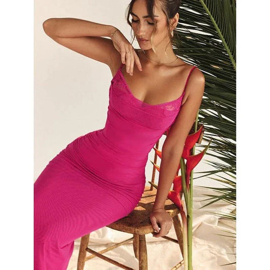 Elegant lace and mesh backless maxi dress in a sleek, sophisticated design