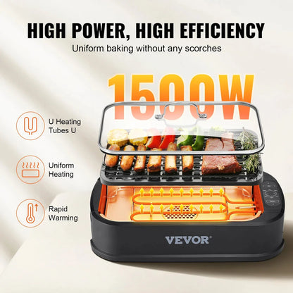 Powerful 1500W Smokeless Indoor Grill with Generous 110 sq. in. Cooking Surface, Precise Temperature Control, and Smokeless Technology