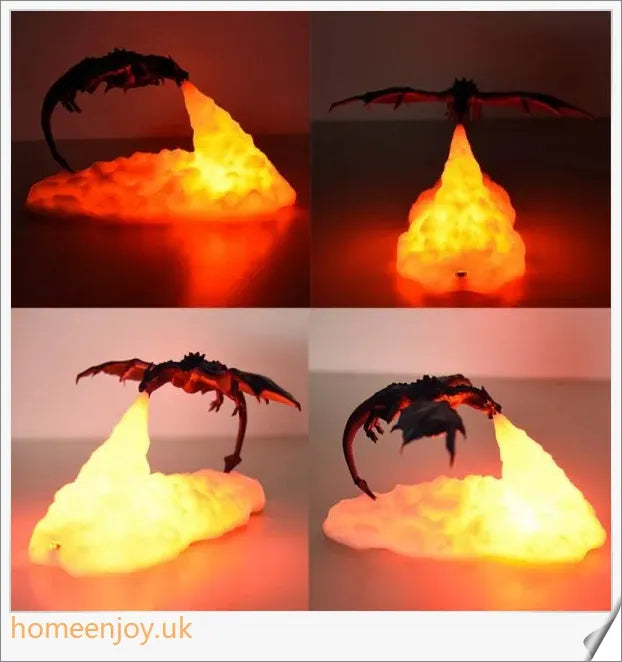 Enchanting 3D-printed fire-breathing dragon lamp with glowing LED lights, creating a magical ambiance in the home