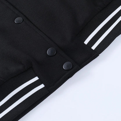A classic British-style baseball jacket with contrast PU stitching, showcasing a sophisticated and versatile design for casual wear.