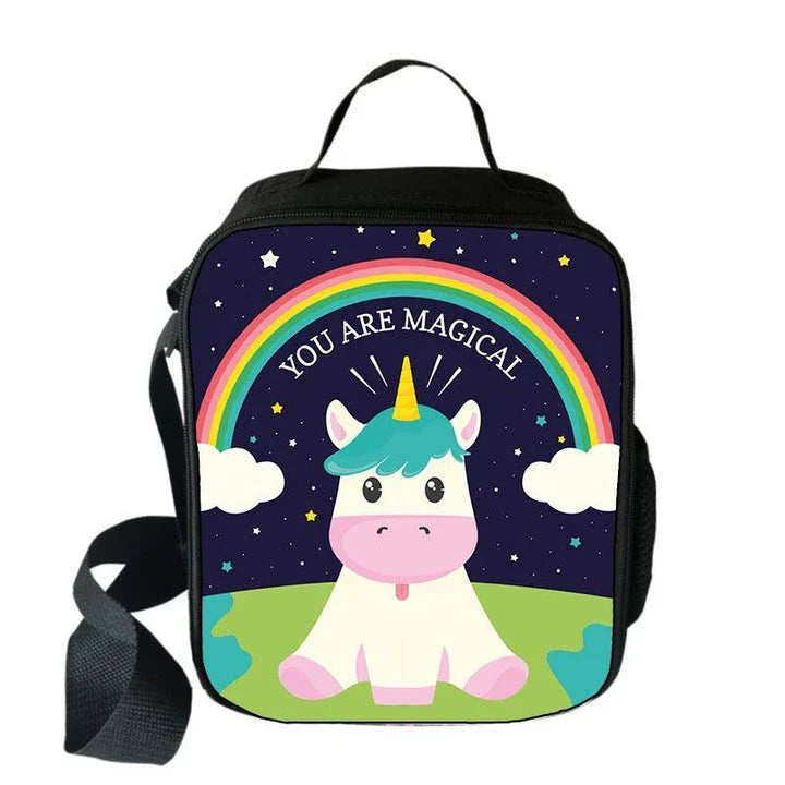 Cartoon unicorn printed lunch bag for children, featuring a vibrant design and durable polyester construction