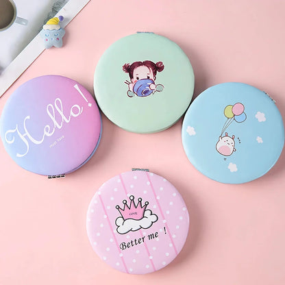 Compact portable foldable makeup mirror with cute cartoon prints for on-the-go beauty touch-ups