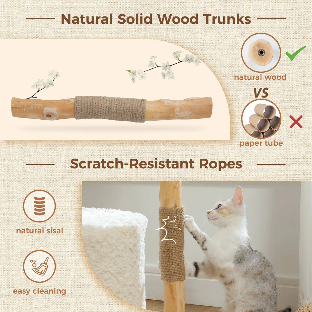 Elegant modern cat tree with woven basket, hammock, and solid wood scratching post for large indoor cats