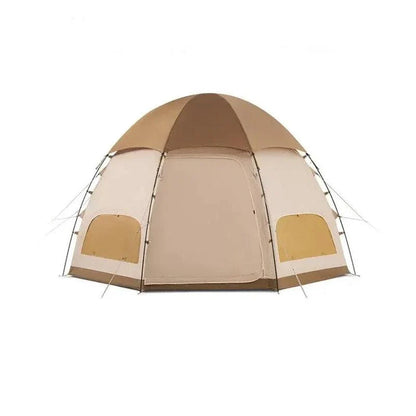 Spacious octagonal camping tent with multiple windows and a distinctive mushroom-shaped design