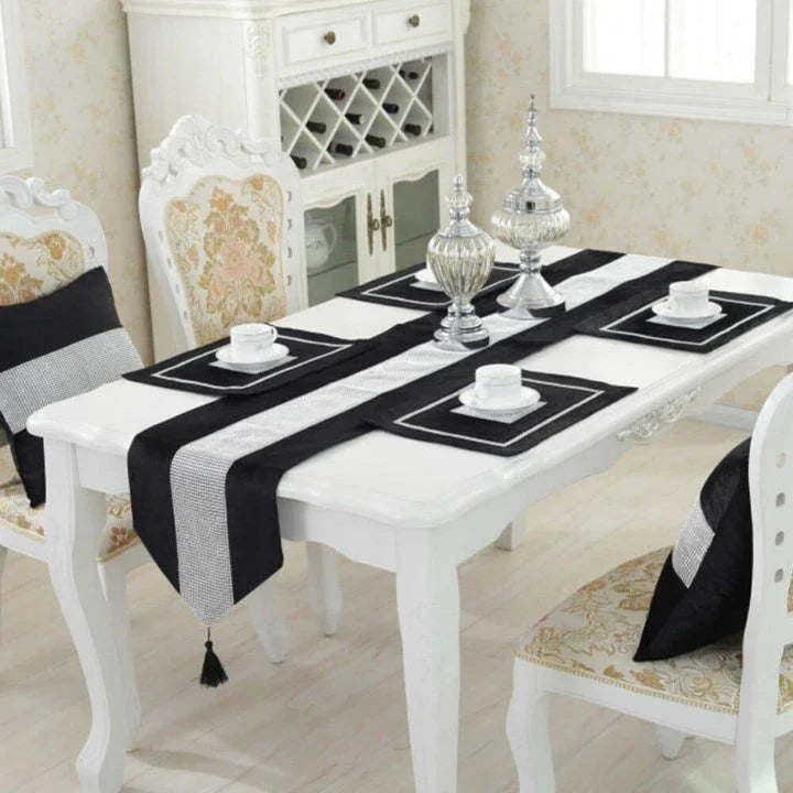 Elegant crystal-trimmed table runner with 4 coordinating beige placemats, creating a refined and sophisticated dining setting