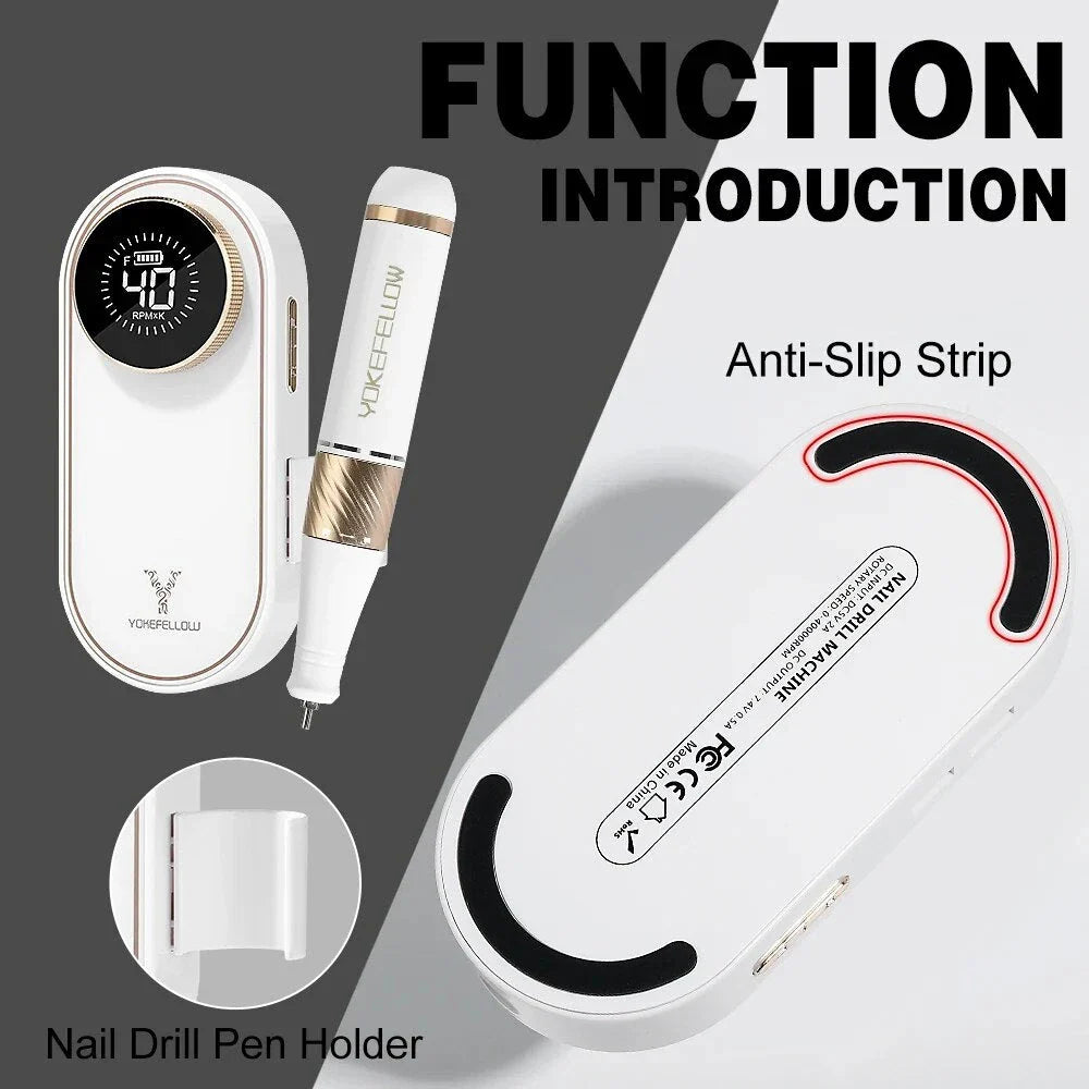 Cordless electric nail drill with 40,000 RPM motor, rechargeable battery, and HD display for professional-quality nail care