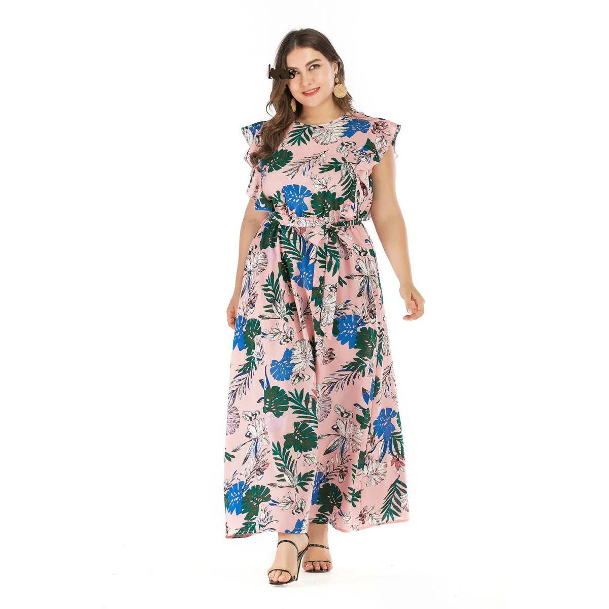 Bohemian-style summer dress in pink with an elastic waist and flowing swing skirt, available in plus sizes 3XL and 4XL