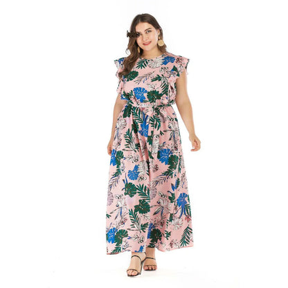 Bohemian-style summer dress in pink with an elastic waist and flowing swing skirt, available in plus sizes 3XL and 4XL